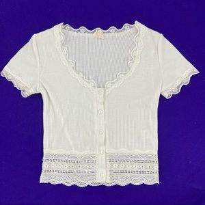 White Ribbed Crop Top with Lace and Buttons (slightly sheer)